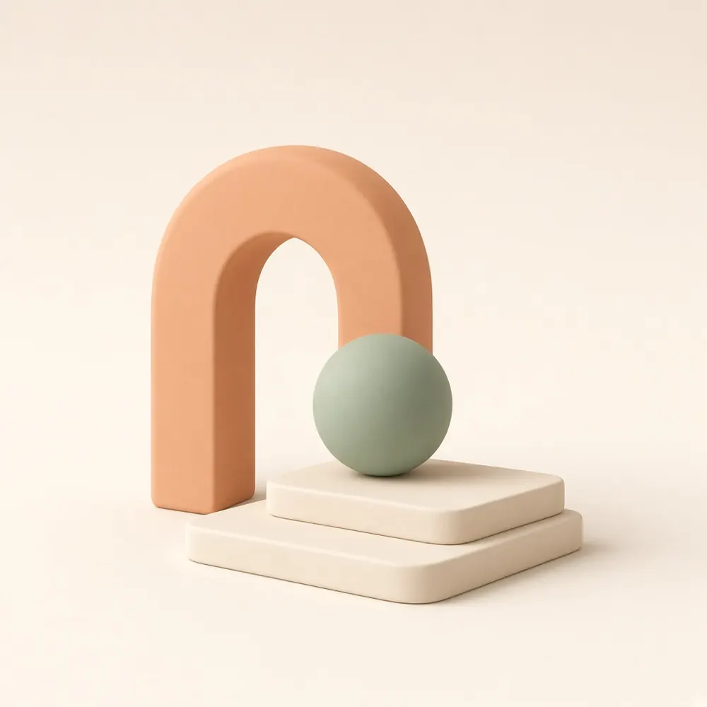 Soft clay-style arch, sphere and podium steps in apricot, sage and cream