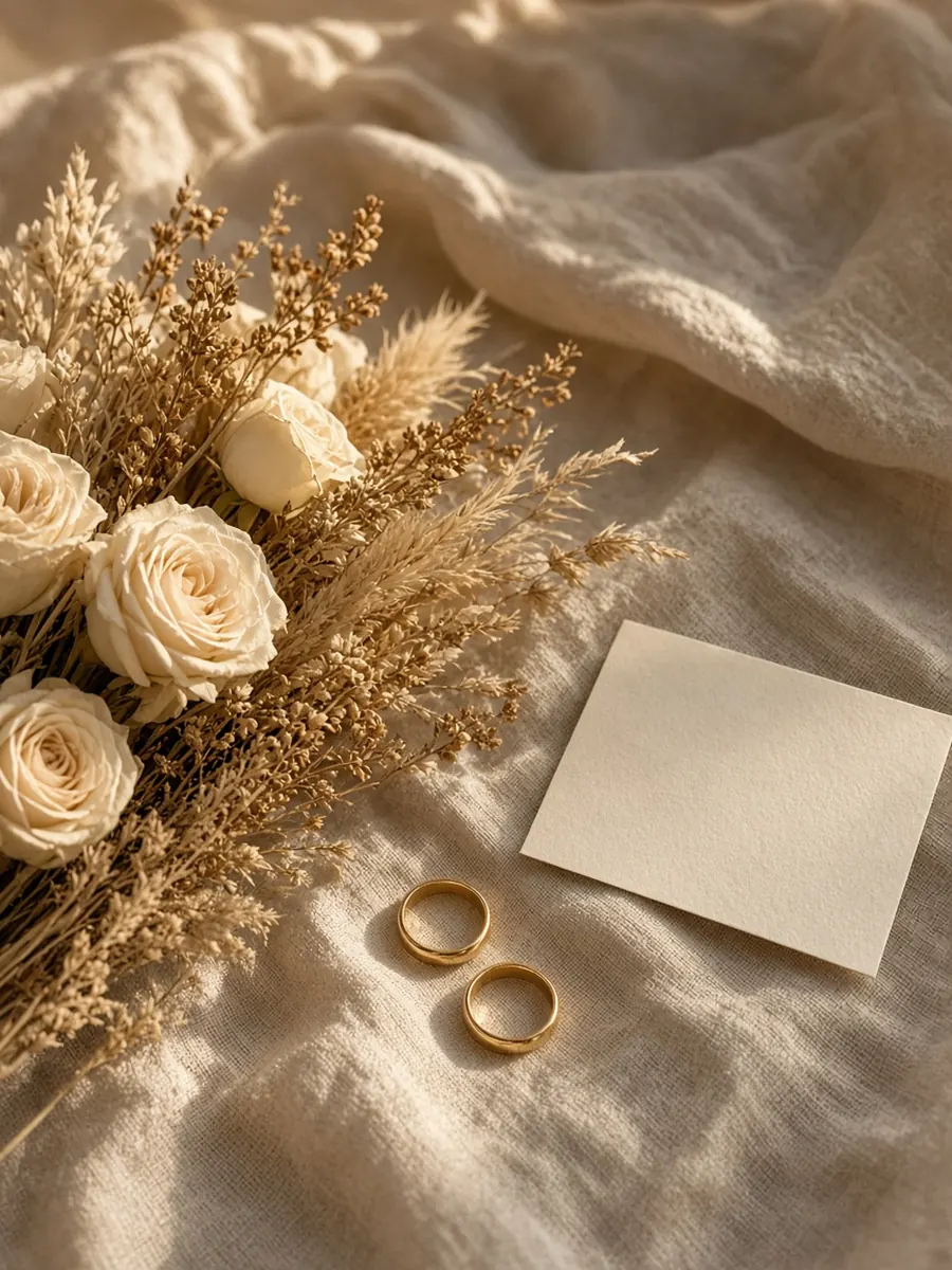 Cream roses and dried grasses beside two gold rings on linen, in warm light