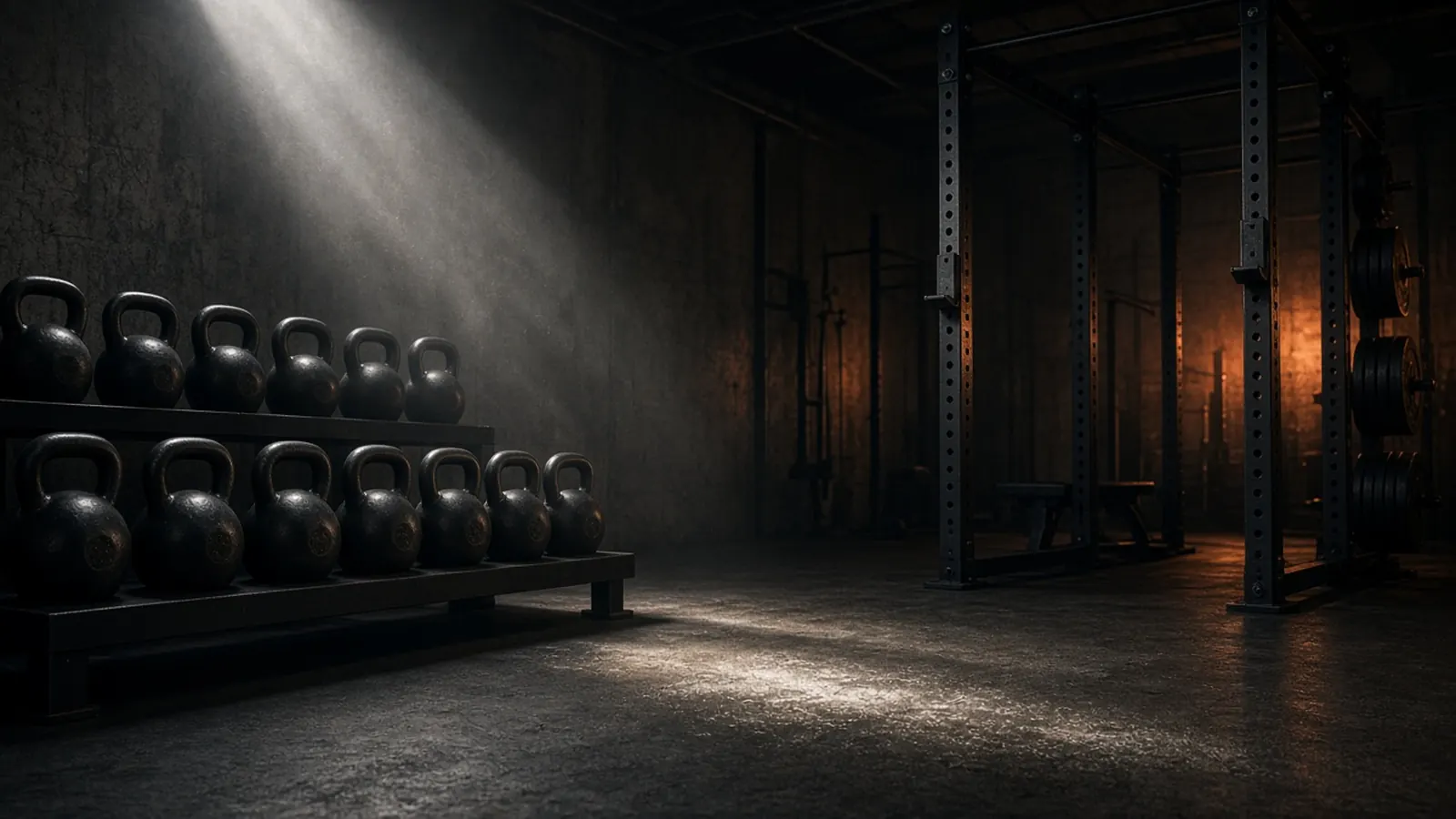 Dark industrial gym with rows of kettlebells and squat racks lit by a shaft of light