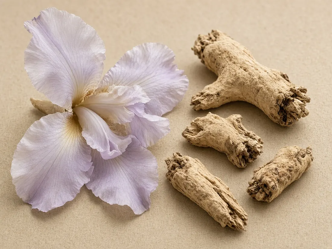 Pale iris petals beside pieces of dried orris root