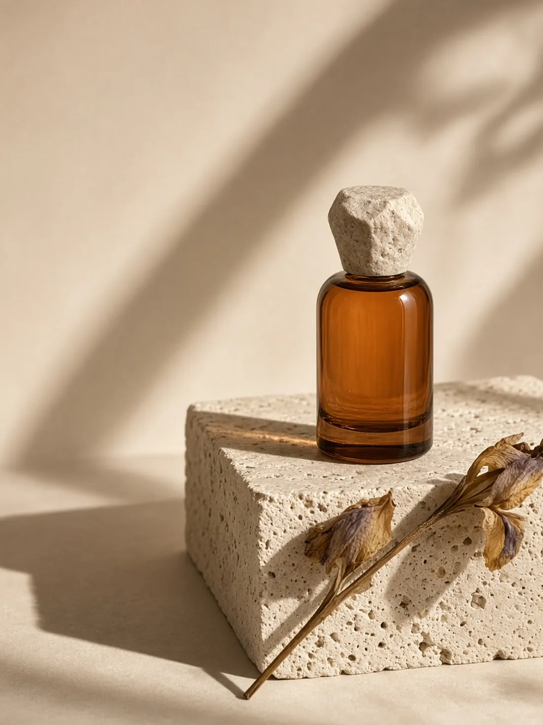Amber glass perfume bottle with a stone cap on a travertine block beside a dried iris