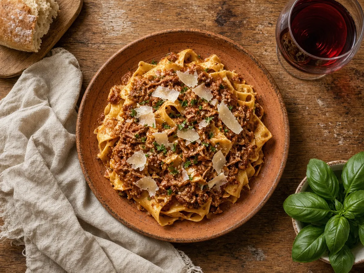 Plate of fresh pappardelle with slow-cooked beef ragù and shaved parmesan on a rustic table