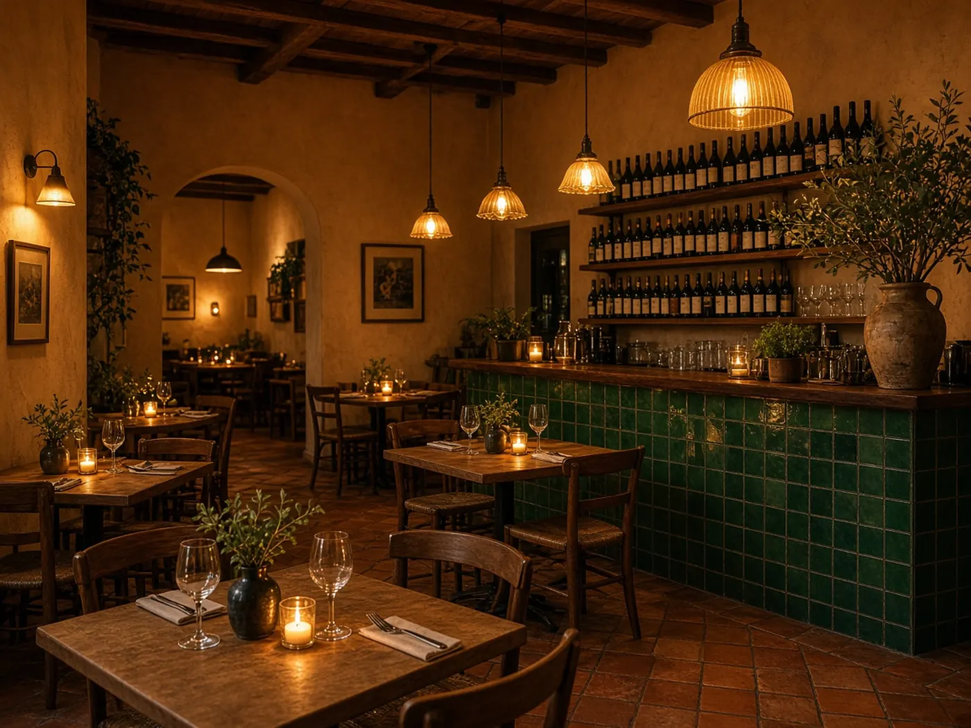 Warm, candle-lit dining room with wooden tables and green tiles