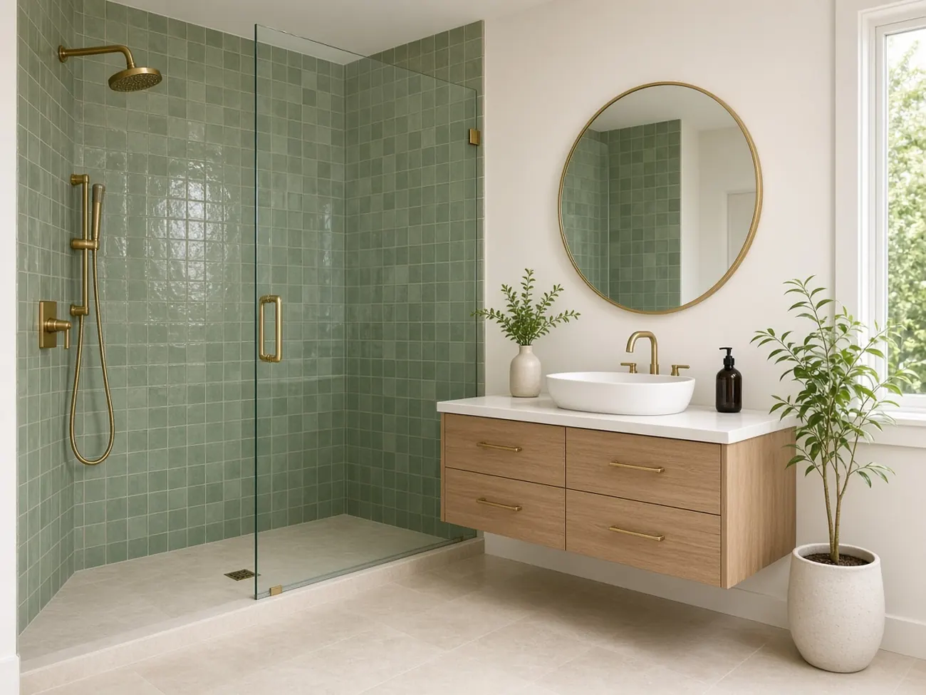 Bright, freshly fitted bathroom with a walk-in shower and wooden vanity