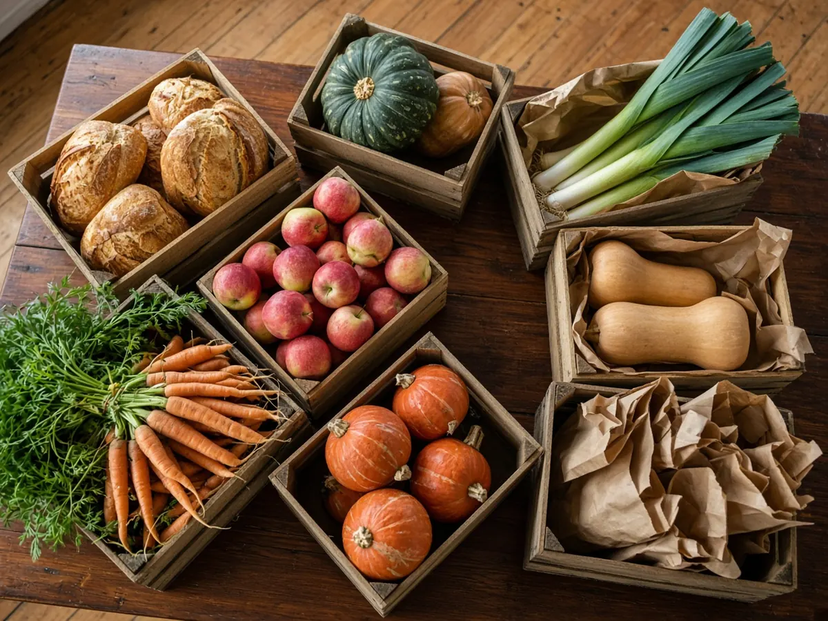 Wooden crates of bread, apples, carrots, squash and leeks on a hall table