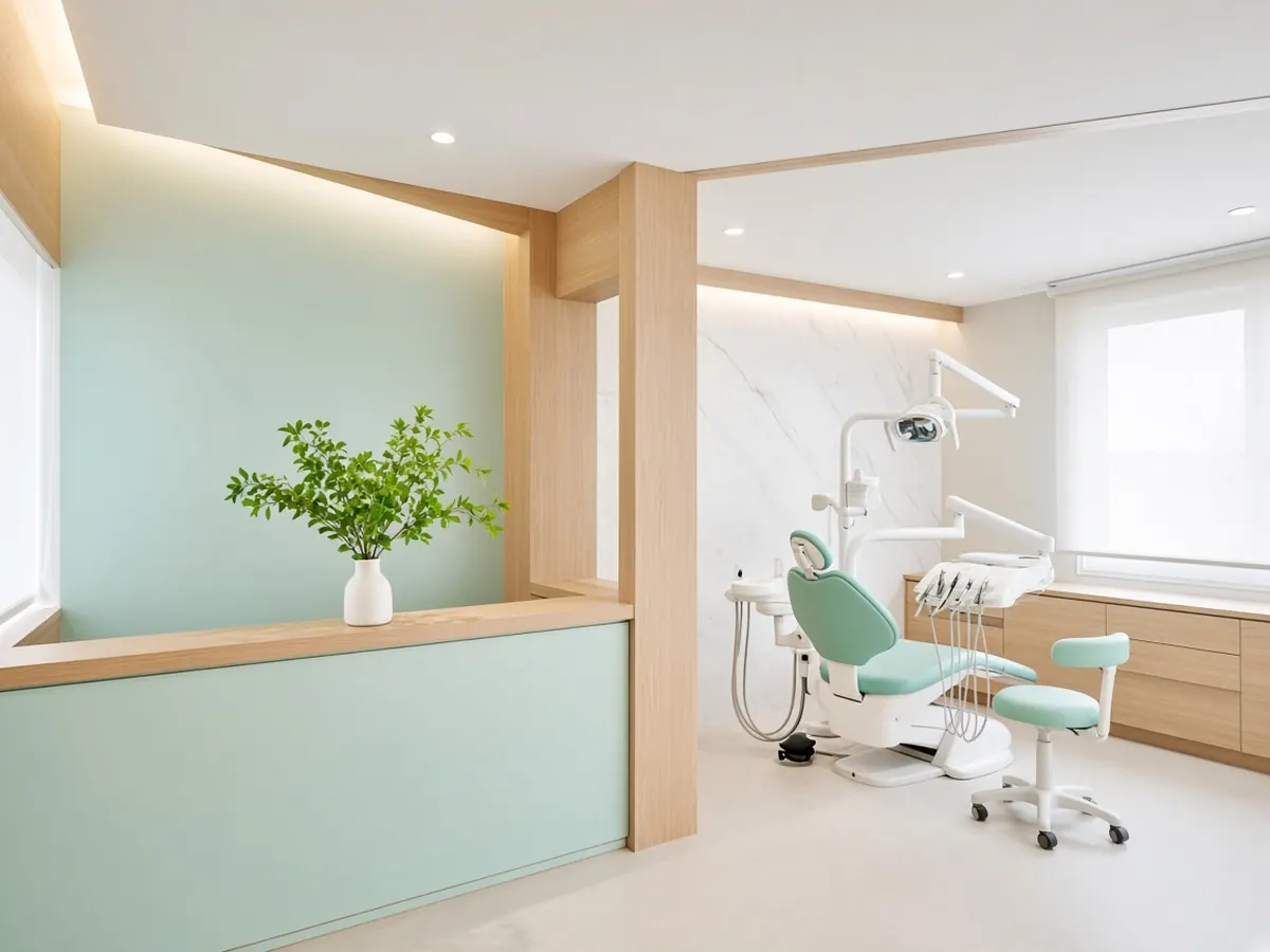 Bright dental treatment room with mint chair, light oak and a plant
