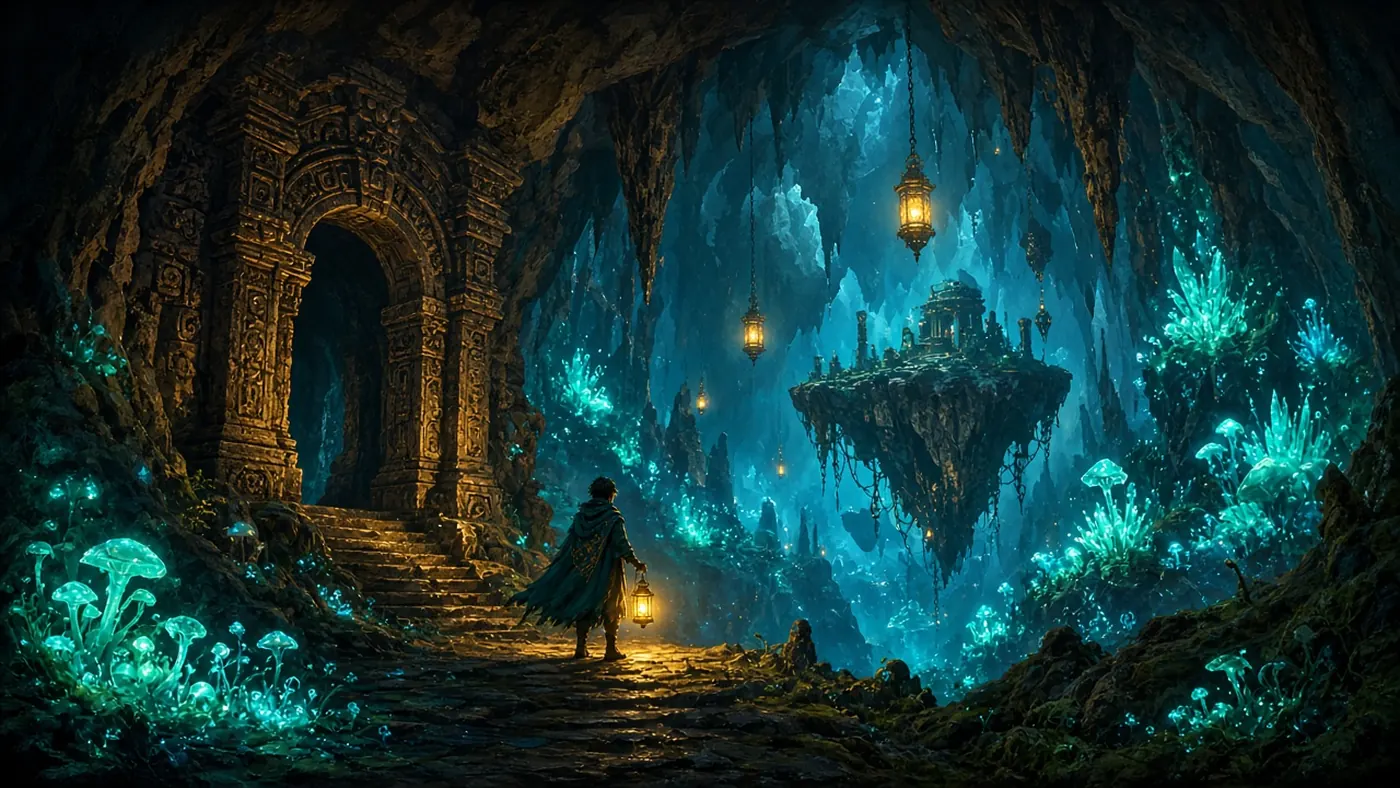 Glowing crystal cavern with a narrow rope bridge