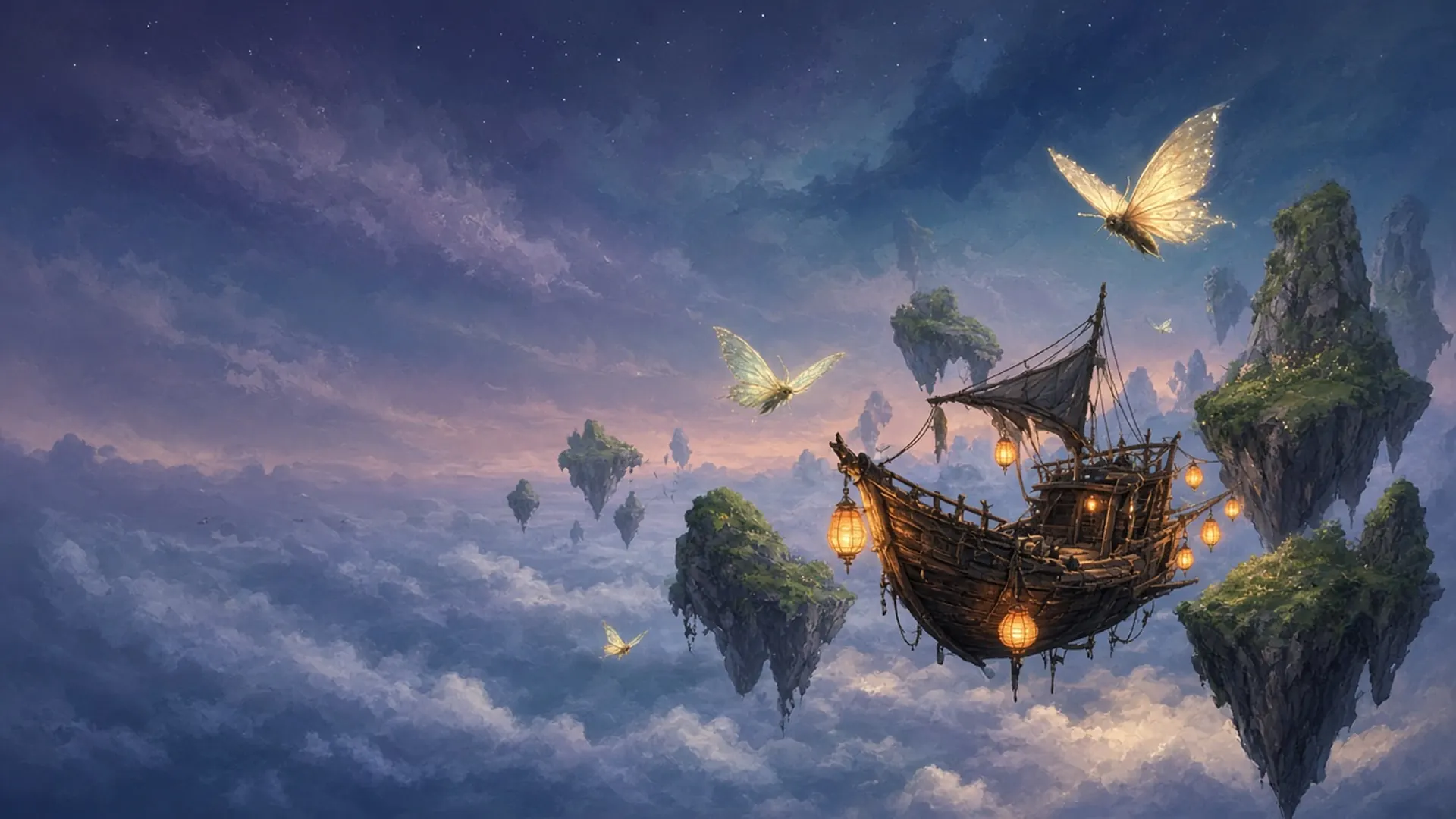Key art: a wooden sky-ship with glowing lanterns sailing between floating islands at dusk
