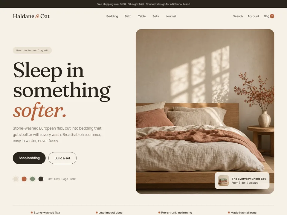 Haldane & Oat homepage concept: warm minimal dtc for a fictional dtc home goods store