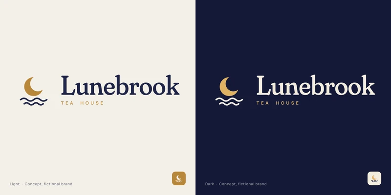 Lunebrook logo concept for a fictional tea house: a brass crescent moon above two brook waves, with a soft serif wordmark, on light and dark tiles
