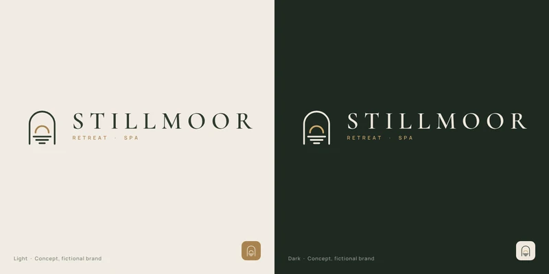 Stillmoor logo concept for a fictional wellness retreat: an arched doorway framing a rising sun over still water, with a spaced serif wordmark, on light and dark tiles