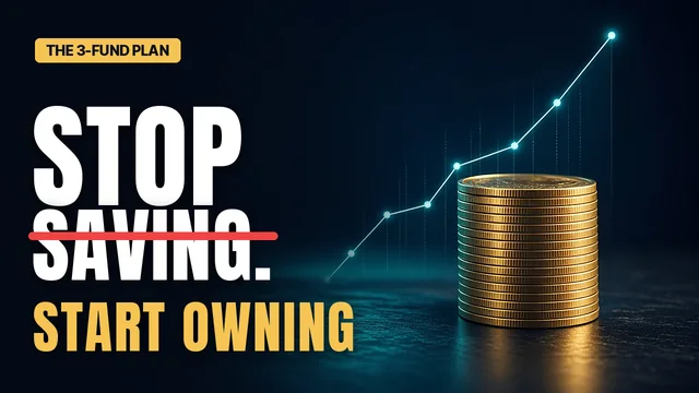 Finance thumbnail concept for a fictional channel: 'Stop saving. Start owning' in bold white and gold type beside a glowing stack of gold coins and a rising chart