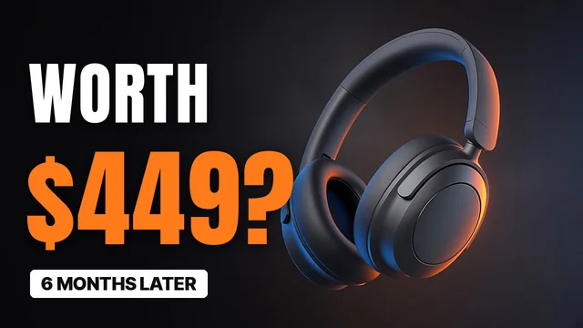 Tech review thumbnail concept for a fictional channel: 'Worth $449? 6 months later' in white and orange next to unbranded graphite headphones
