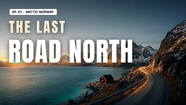 Travel thumbnail concept for a fictional channel: 'The last road north' over a golden-hour fjord with a winding coastal road and a red cabin
