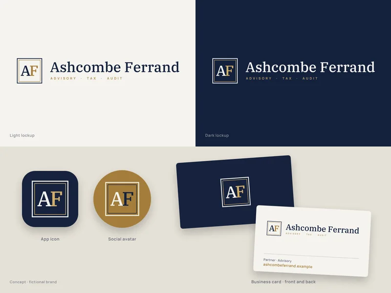 Ashcombe Ferrand brand system concept for a fictional advisory firm: a framed serif AF monogram in navy and brass with a serif wordmark on light and dark, an app icon, a brass social avatar and a business card