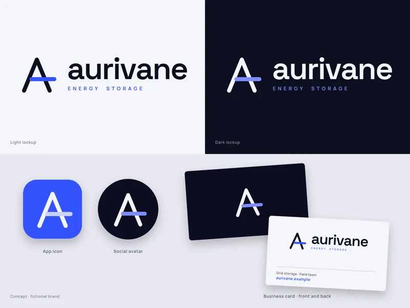 Aurivane brand system concept for a fictional energy-storage startup: monoline A with a blue vane stroke and lowercase wordmark on light and dark, a blue app icon, a dark round social avatar and a front-and-back business card
