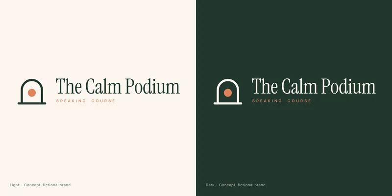 The Calm Podium logo concept for a fictional speaking course: an arch over a podium line with an apricot dot, and a serif wordmark, on cream and deep green tiles