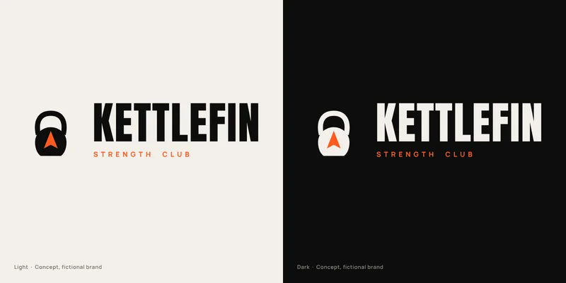 Kettlefin logo concept for a fictional strength gym: a kettlebell with an orange arrow and a tall condensed wordmark, on light and black tiles