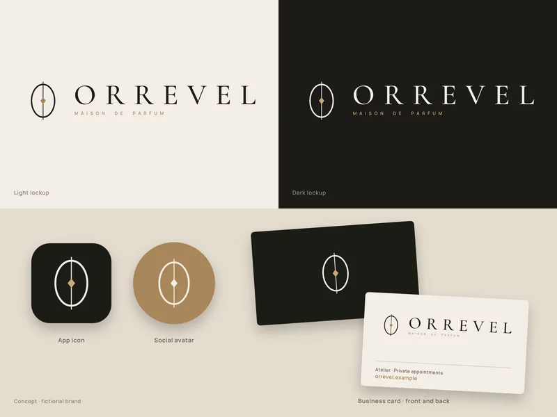 Maison Orrevel brand system concept for a fictional perfume house: a slim oval mark with a bronze diamond and a spaced serif ORREVEL wordmark on ivory and black, an app icon, a bronze social avatar and a business card