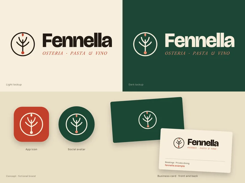 Osteria Fennella brand system concept for a fictional restaurant: round fennel-sprig stamp and heavy 'Fennella' wordmark with an italic tagline on cream and deep green, a tomato-red app icon, a green social avatar and a business card