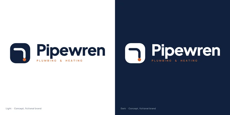 Pipewren logo concept for a fictional plumber: a pipe bend with a copper drop in a rounded navy tile, and a bold wordmark, on white and navy tiles