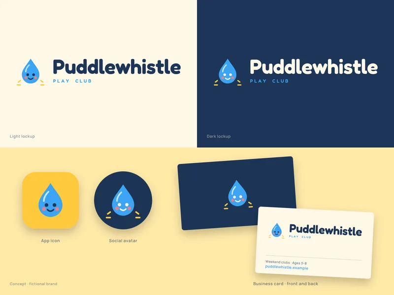 Puddlewhistle Play Club brand system concept for a fictional kids' club: a smiling blue raindrop character with a rounded wordmark on cream and navy, a yellow app icon, a navy social avatar and a business card