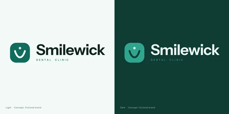 Smilewick logo concept for a fictional dental clinic: a rounded teal tile with a smile line, and a sans-serif wordmark, on light and dark tiles