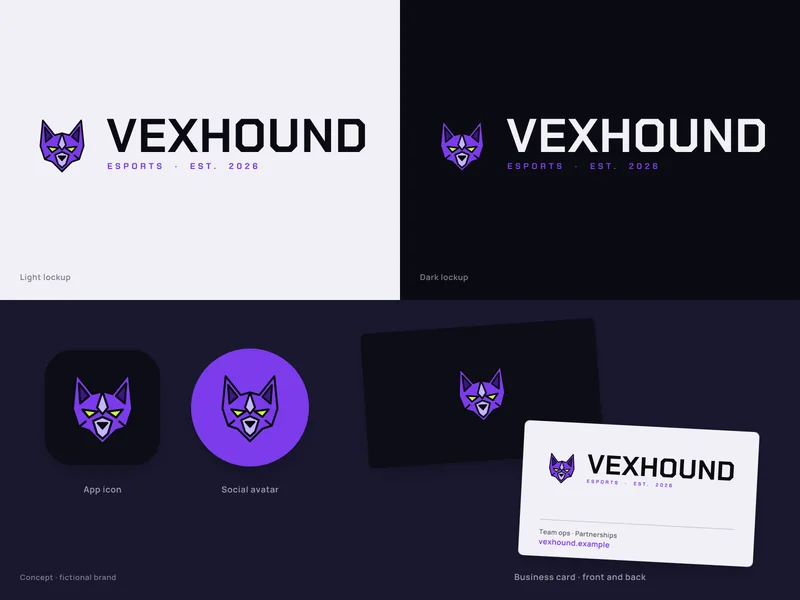 Vexhound brand system concept for a fictional esports team: an angular violet hound-head mascot with lime eyes and a bold VEXHOUND wordmark on light and dark, an app icon, a violet social avatar and a business card