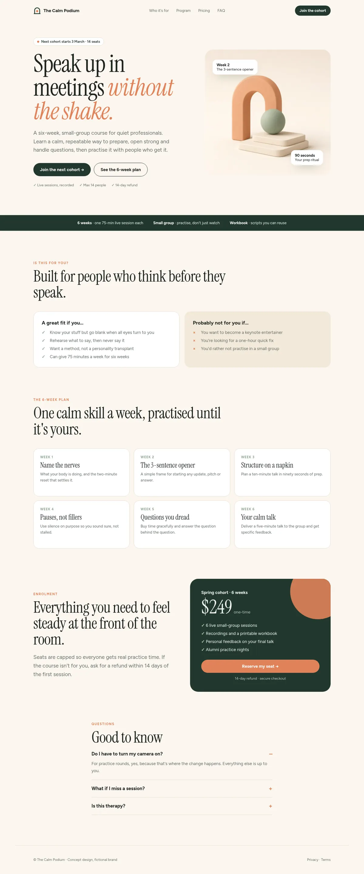 Full The Calm Podium sample landing page (concept for a fictional brand)