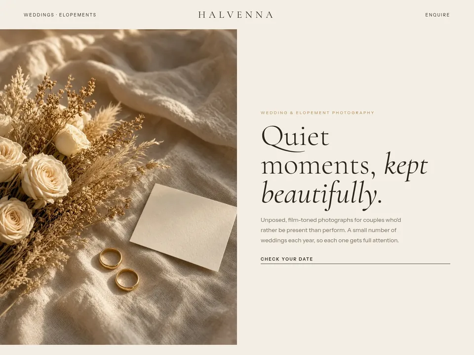 Halvenna Studio homepage concept: soft editorial minimal for a fictional wedding photographer homepage