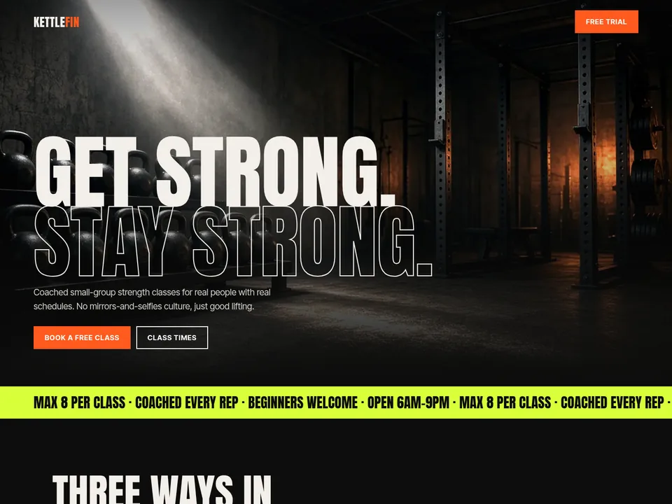 Kettlefin Strength homepage concept: bold, high-contrast for a fictional gym homepage