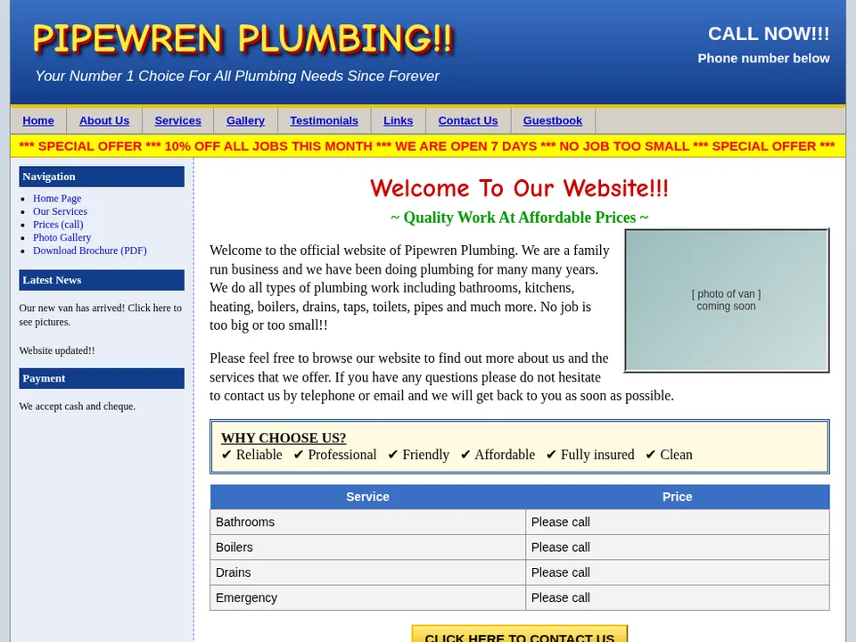 Before (concept): a dated plumbing homepage with a blue gradient header, a scrolling special-offer banner, a sidebar menu, 'please call' prices and a visitor counter
