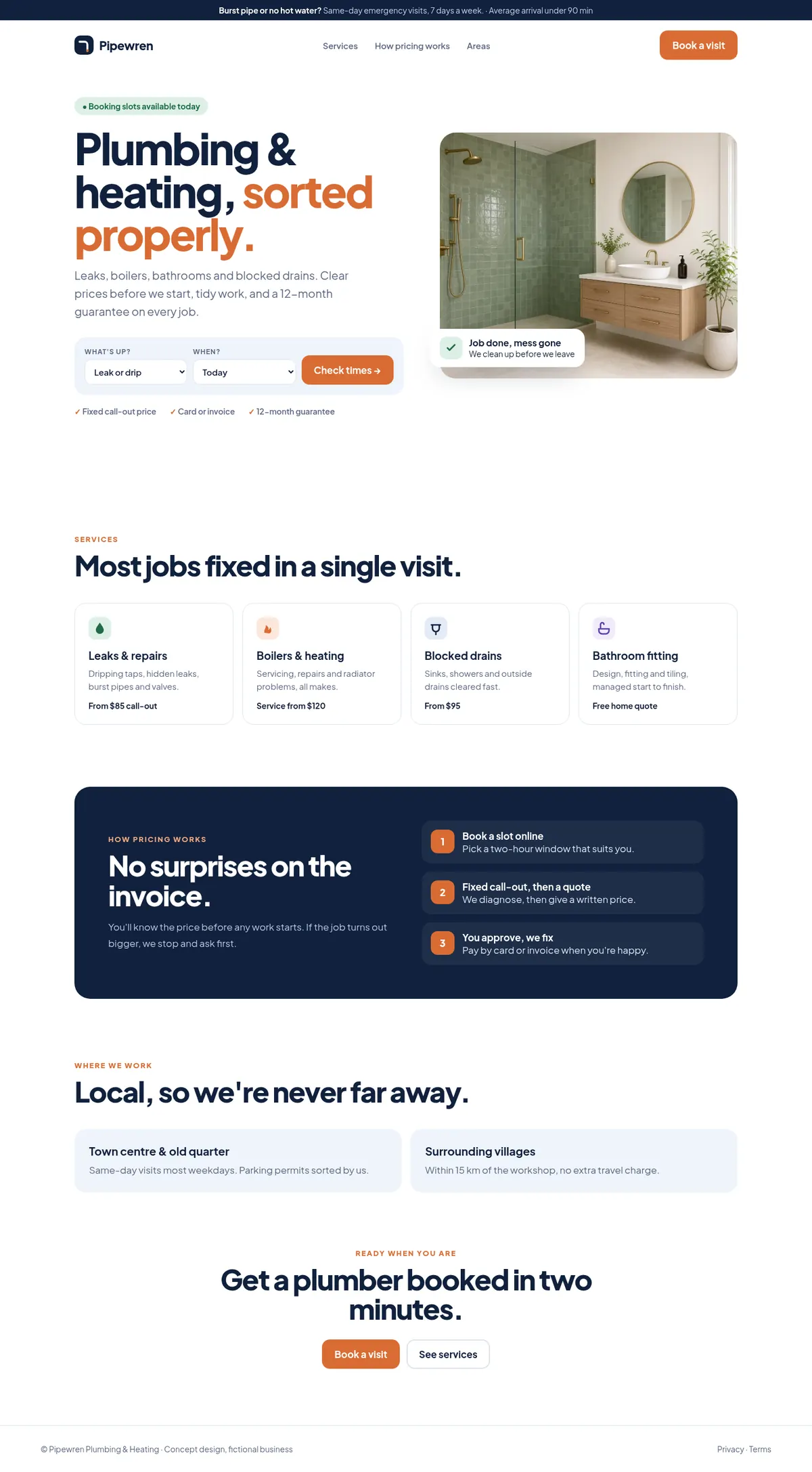 Full Pipewren Plumbing sample landing page (concept for a fictional brand)