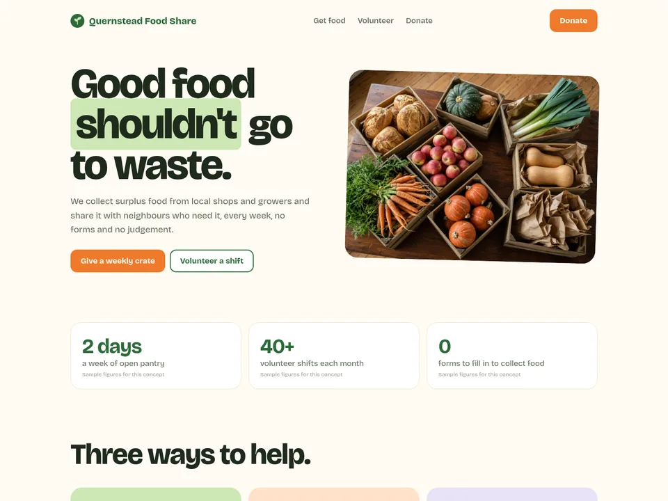 Quernstead Food Share homepage concept: bright, friendly community for a fictional nonprofit homepage