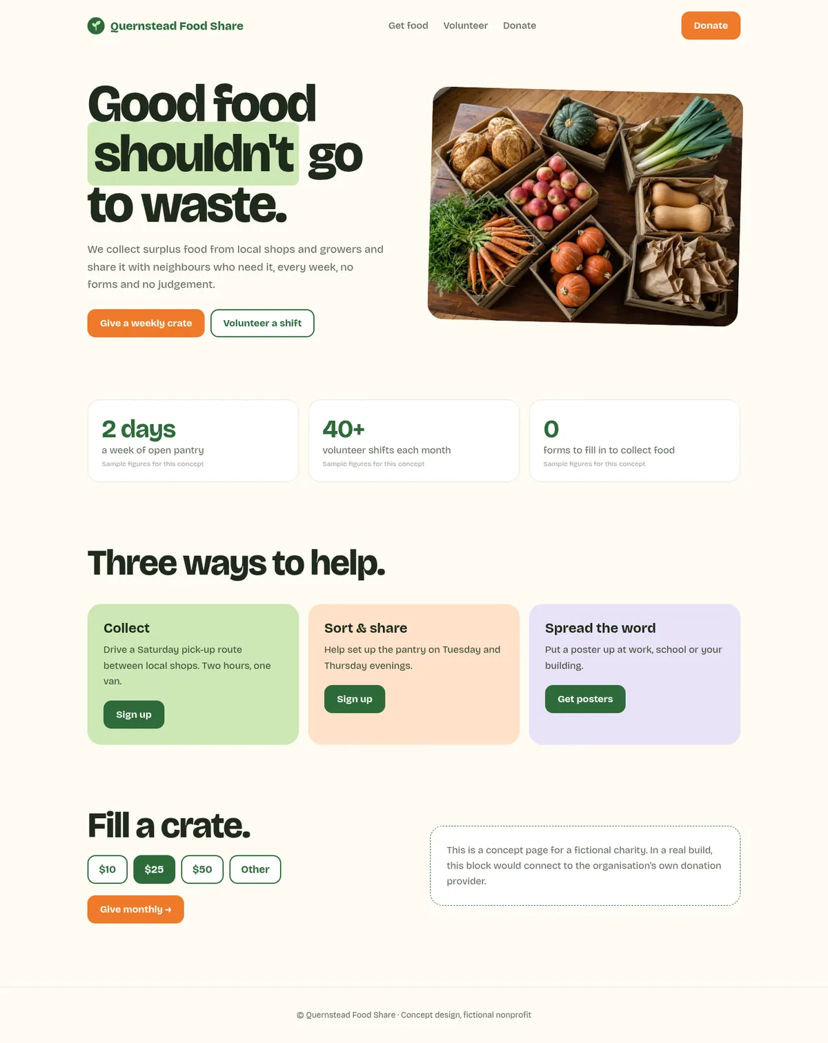 Full Quernstead Food Share sample landing page (concept for a fictional brand)