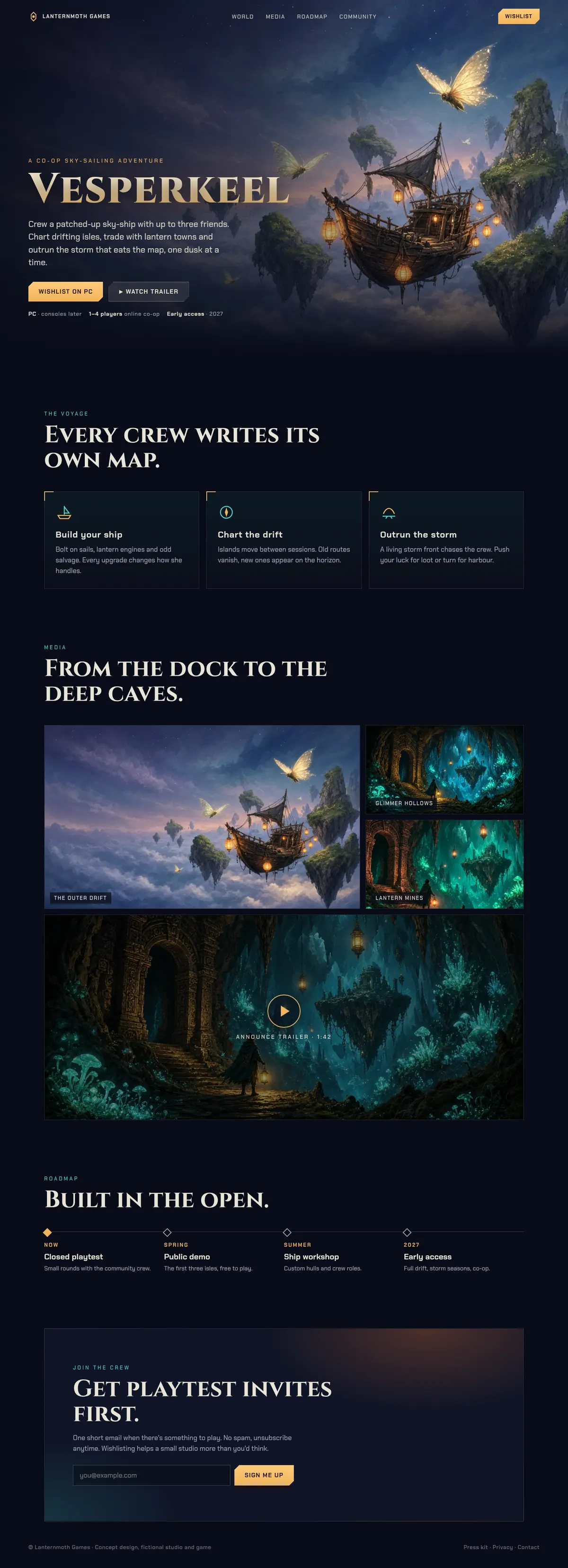 Full Vesperkeel sample landing page (concept for a fictional brand)