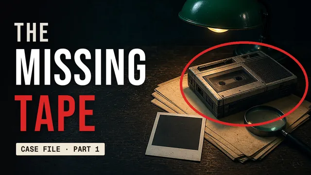 Documentary thumbnail concept for a fictional channel and fictional case: 'The missing tape' in white and red beside an old cassette recorder circled in red on a desk of case files