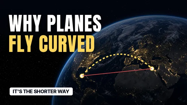 Education thumbnail concept for a fictional channel: 'Why planes fly curved' over Earth at night, with a dashed curved route and a straight red line between two cities
