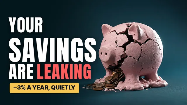 Finance thumbnail concept for a fictional channel: 'Your savings are leaking' next to a cracked pink piggy bank spilling coins on a teal background