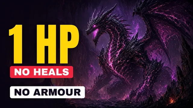Gaming thumbnail concept for a fictional channel: huge yellow '1 HP' with 'No heals' and 'No armour' labels beside a purple-lit dragon in a cavern