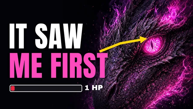 Gaming thumbnail concept for a fictional channel: 'It saw me first' in white and pink beside a close-up of a glowing dragon eye, with a nearly empty health bar