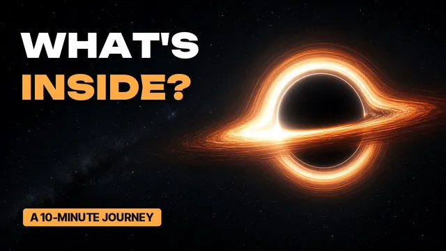 Faceless science channel thumbnail concept: 'What's inside?' in white and orange next to a glowing black hole on a black starfield
